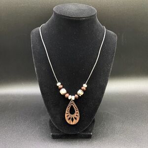 Handmade Cutout Teardrop Necklace with Black & Cream Beads by Neanie-Bot